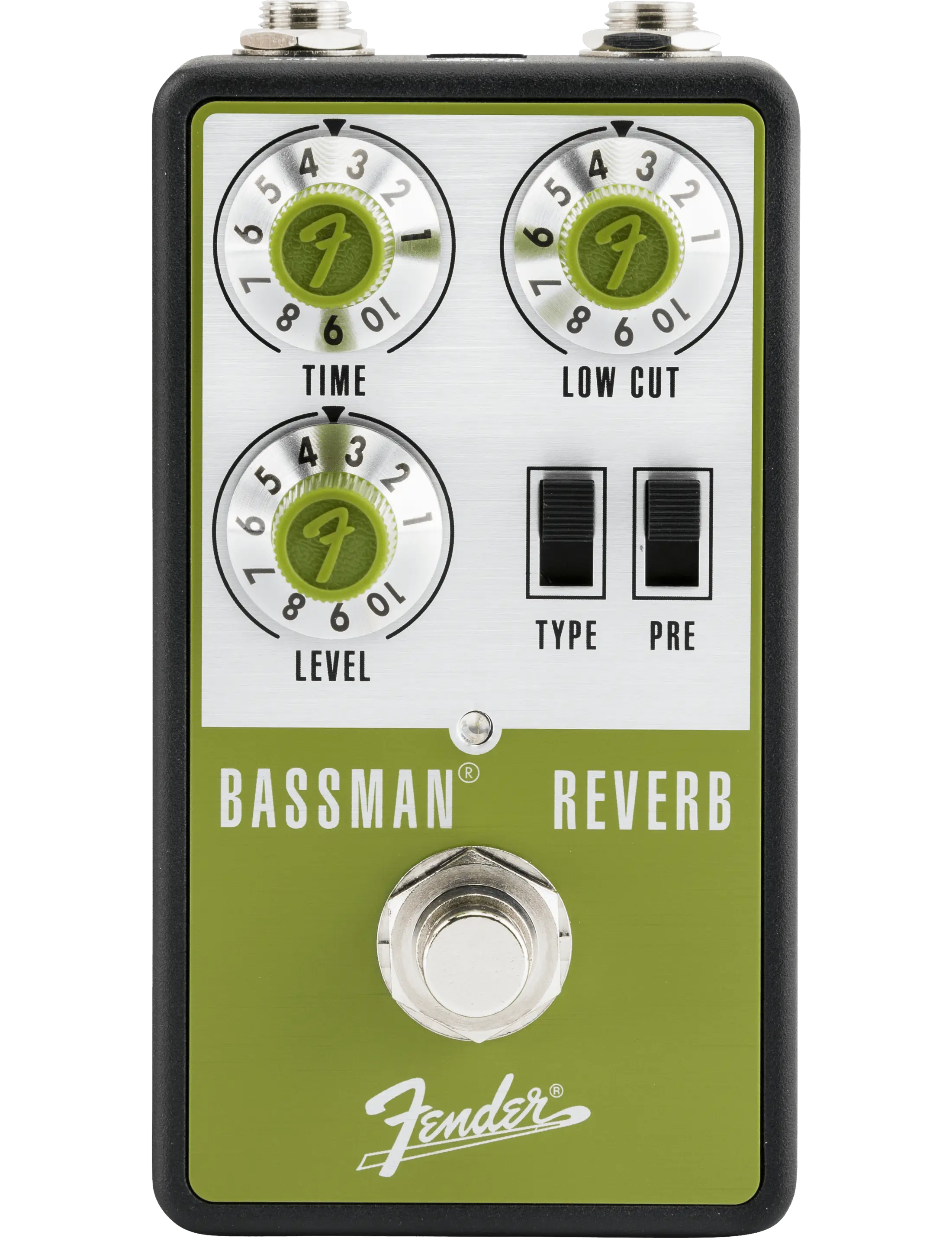 Front view of Fender Bassman Reverb pedal with controls and switches