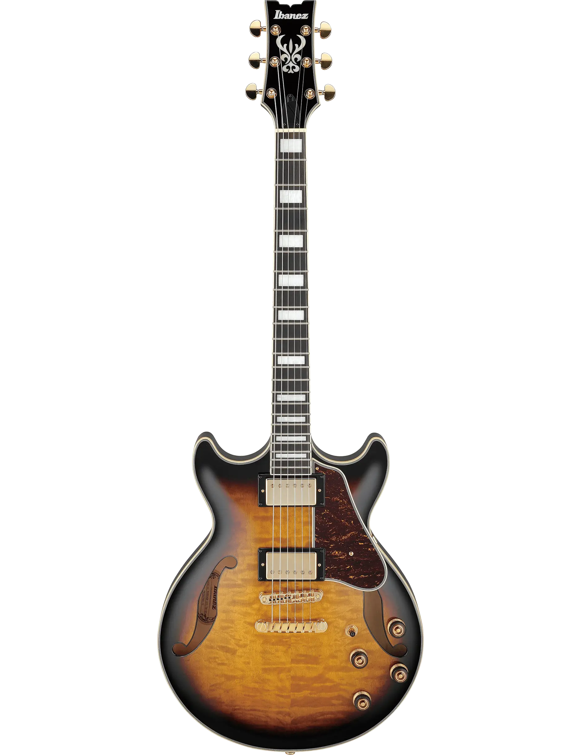 Ibanez AM93QM Artcore Expressionist semi-hollow electric guitar in Antique Yellow Sunburst finish.