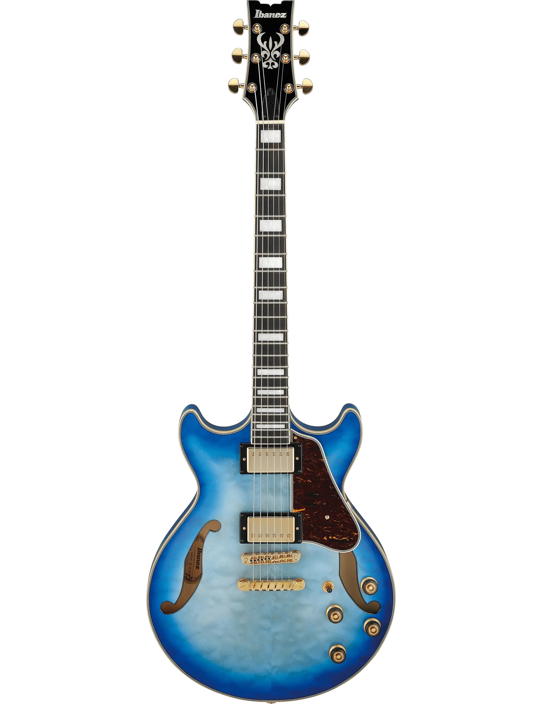 Ibanez AM93QM Artcore Expressionist semi-hollow electric guitar in Jet Blue Burst finish.