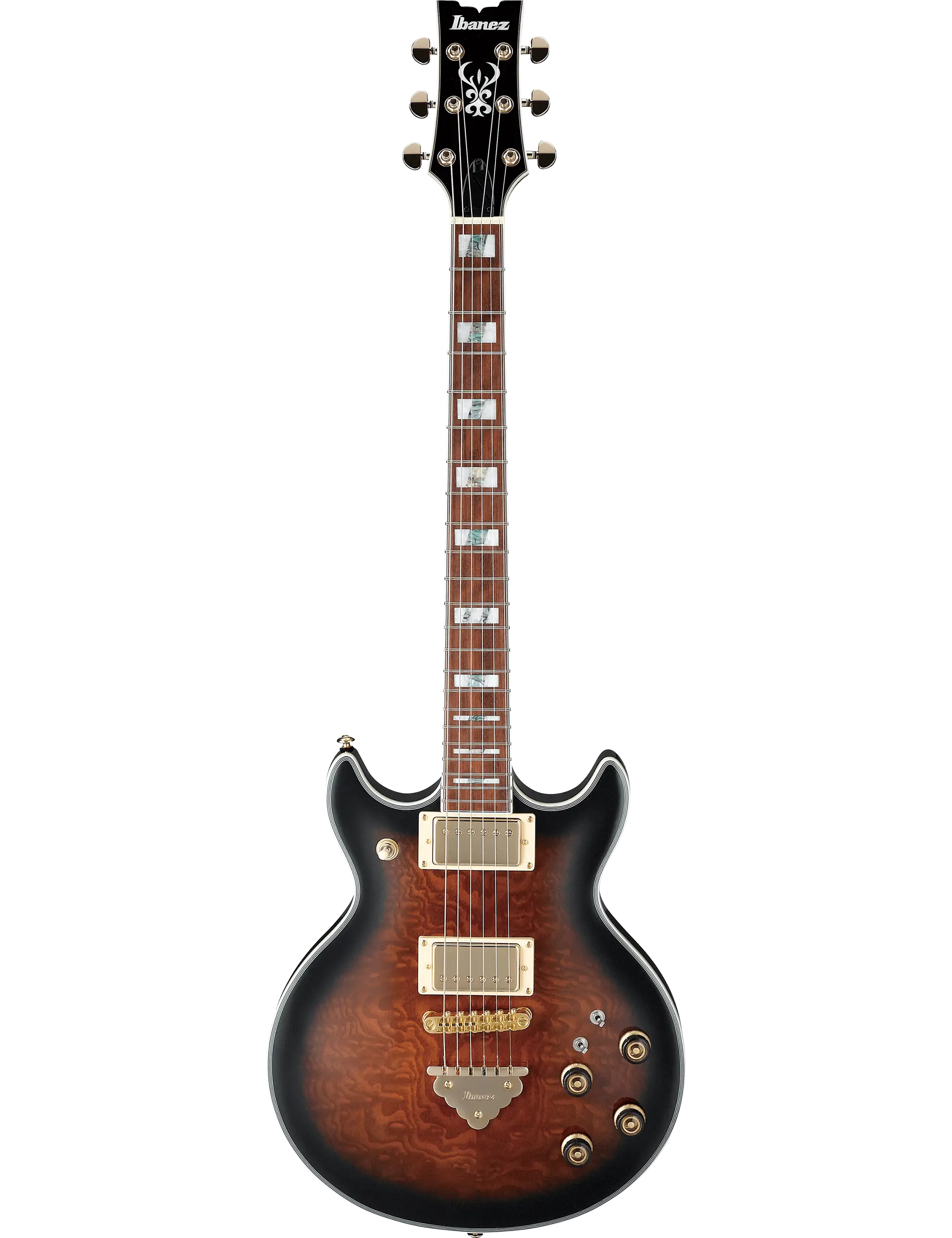 Ibanez AR325QA electric guitar in Dark Brown Sunburst finish, featuring a quilted ash top, okoume body, Super 58 humbucking pickups, and Tri-sound switches for versatile tonal options.