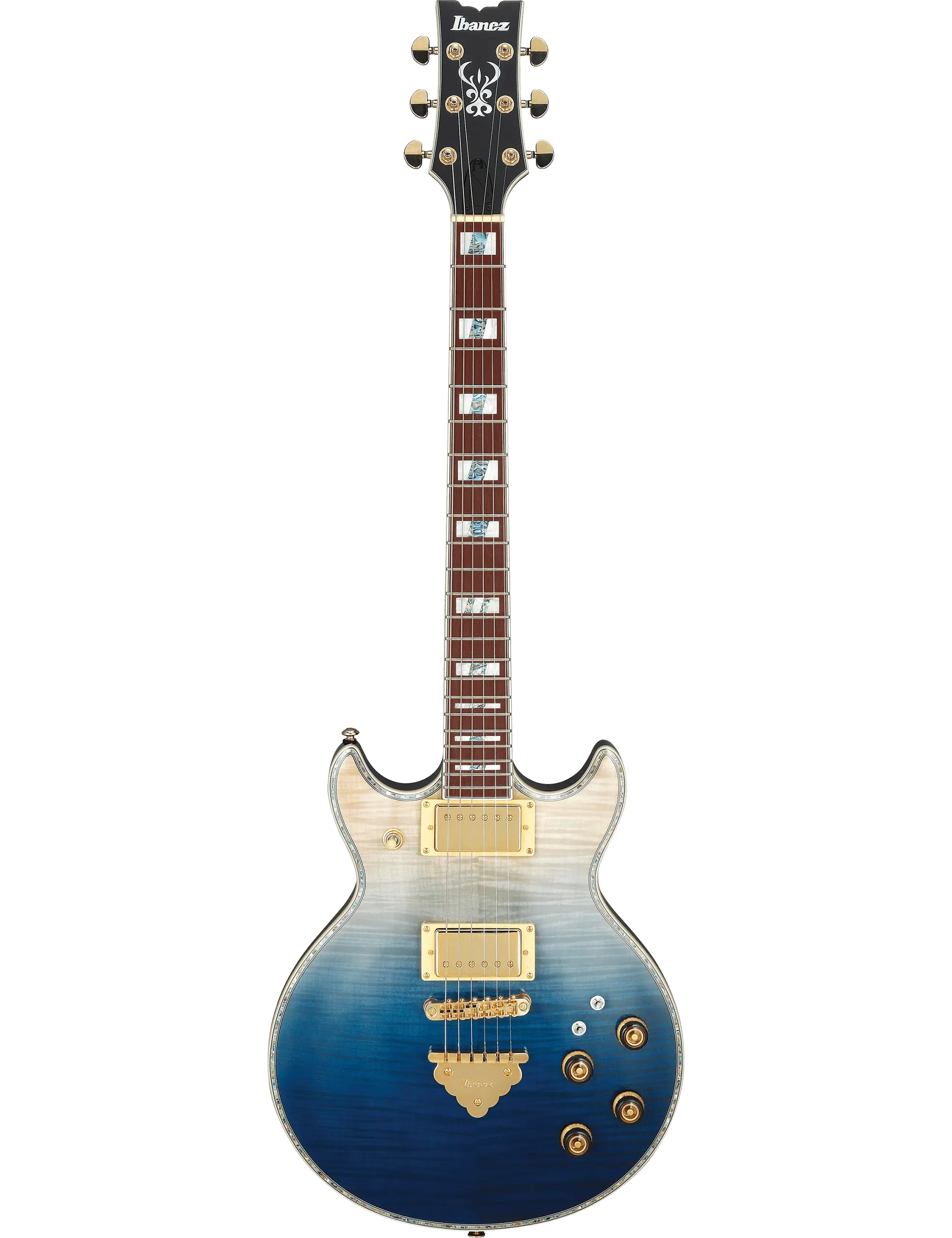 Ibanez AR420 electric guitar in Transparent Blue Gradation finish, featuring a flamed maple top, okoume body, Super 58 humbucking pickups, and Tri-sound switches for versatile tonal options.
