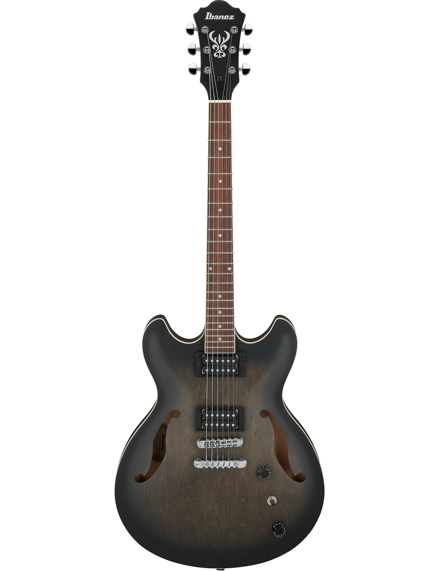 Ibanez AS53 semi-hollow electric guitar in Transparent Black Flat finish.