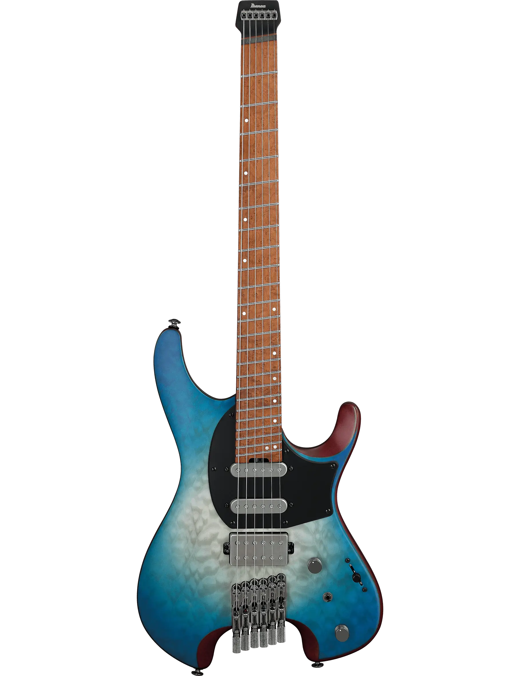 Ibanez QX54QM headless electric guitar in Blue Sphere Burst Matte finish, featuring a quilted maple top, nyatoh body, roasted birdseye maple fretboard, and slanted frets for enhanced playability.